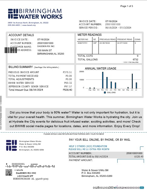Download UNITED KINGDOM BIRMINGHAM WATER business utility bill Word and PDF template 1 Photoshop template